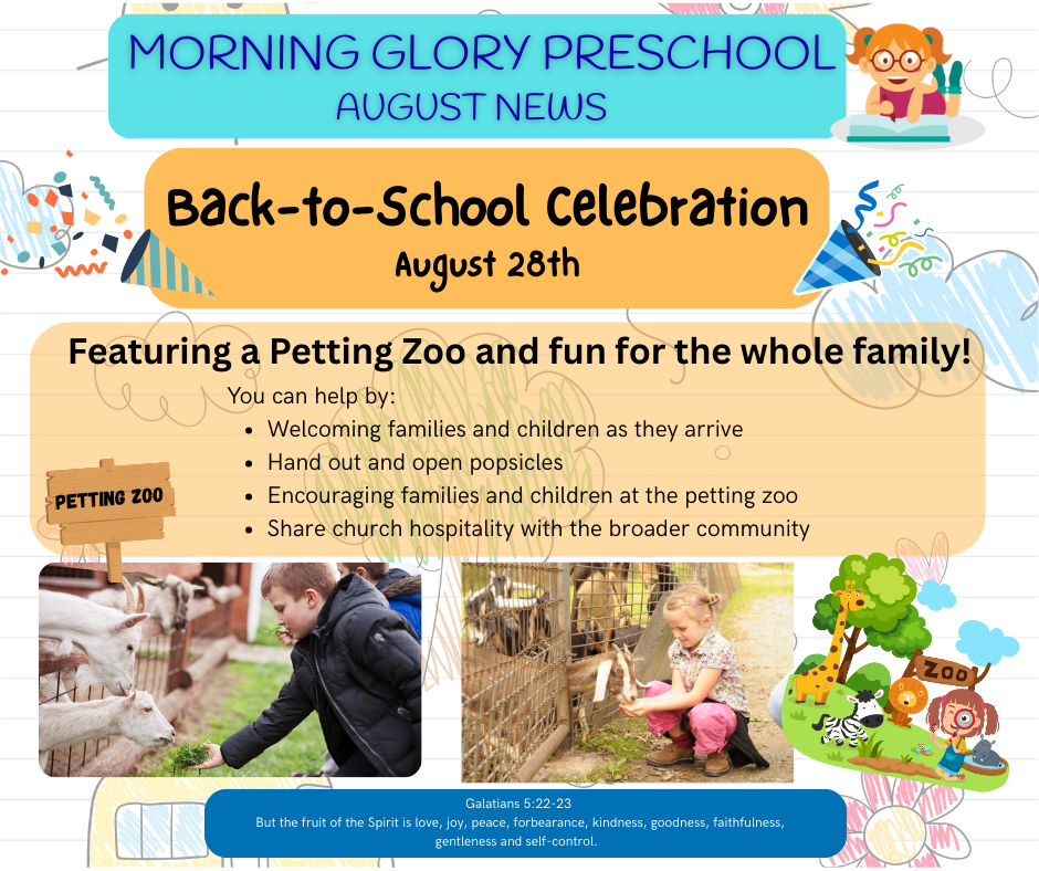 Morning Glory Preschool back to school petting zoo flyer.
