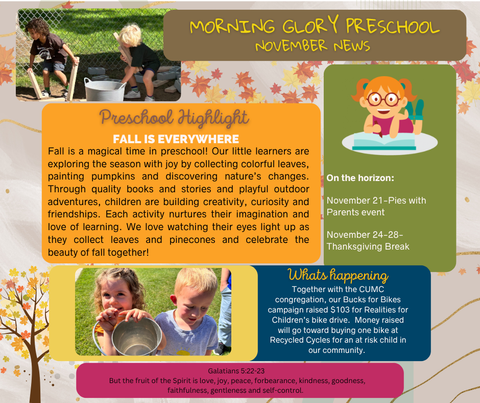Morning Glory Preschool November news update with children and fall colors.