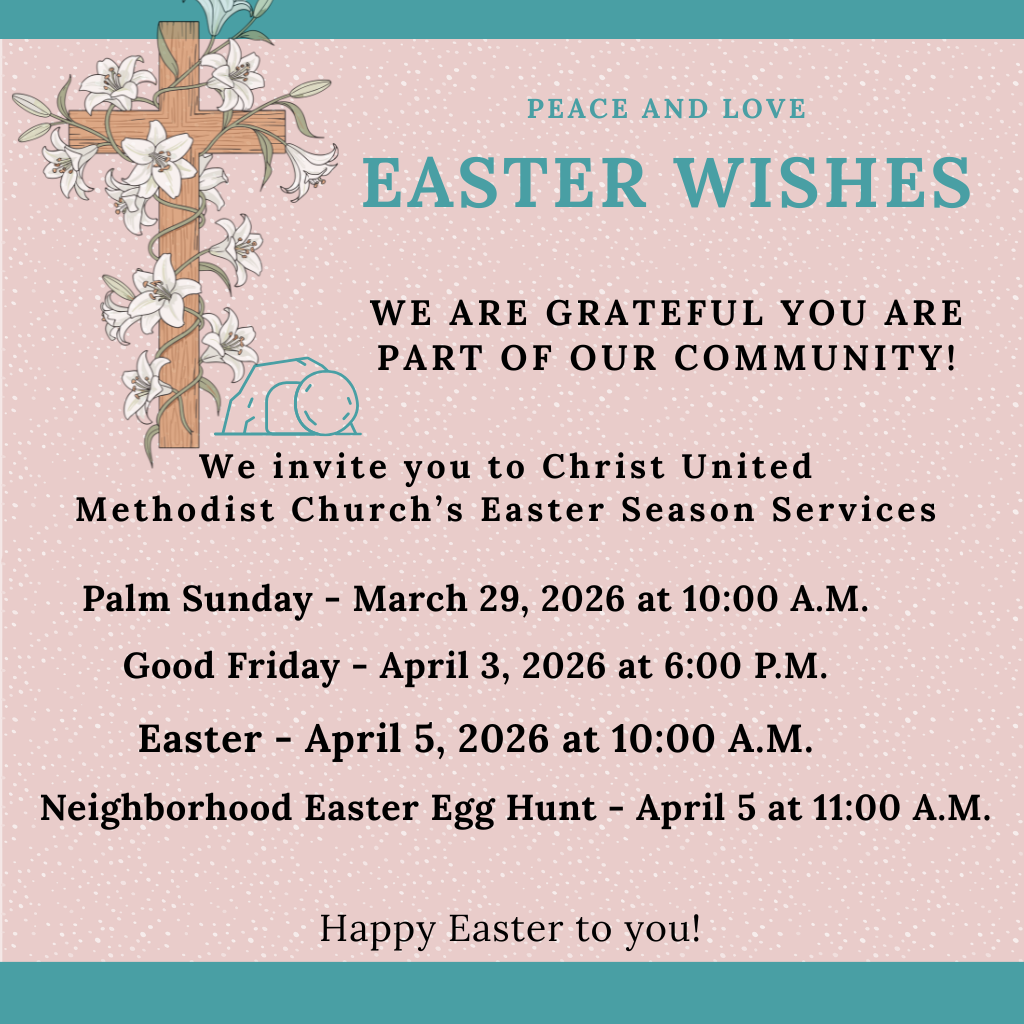 Easter Wishes information on upcoming Easter services and egg hunt.