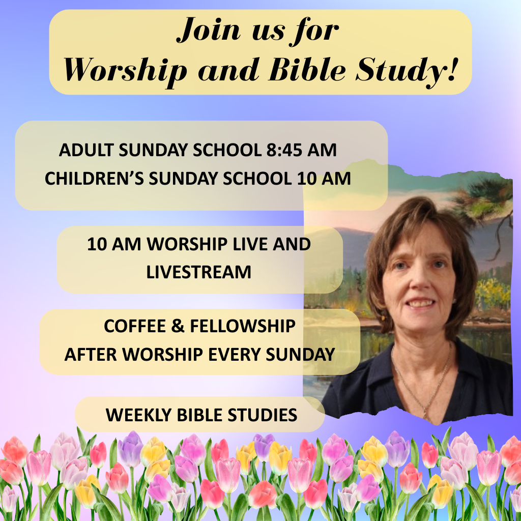 Worship and Bible study information with purple background and tulips.