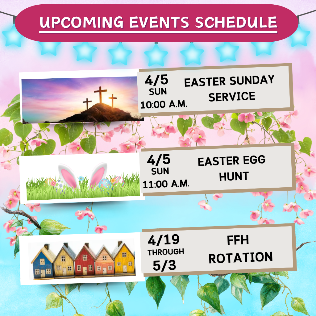 Upcoming events schedule image for April and May 2026.